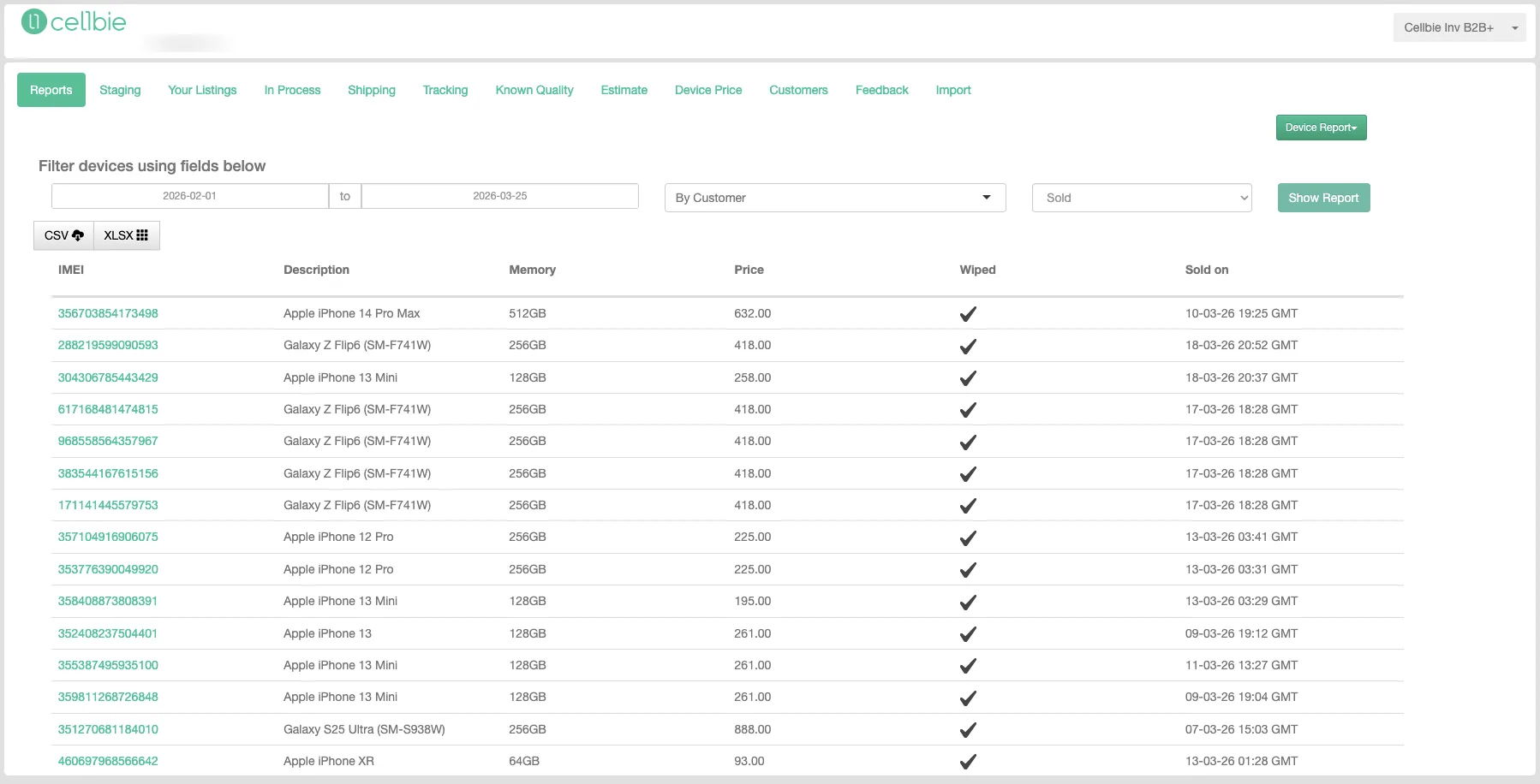 Device report showing transaction history with IMEI, model, condition, price, and date