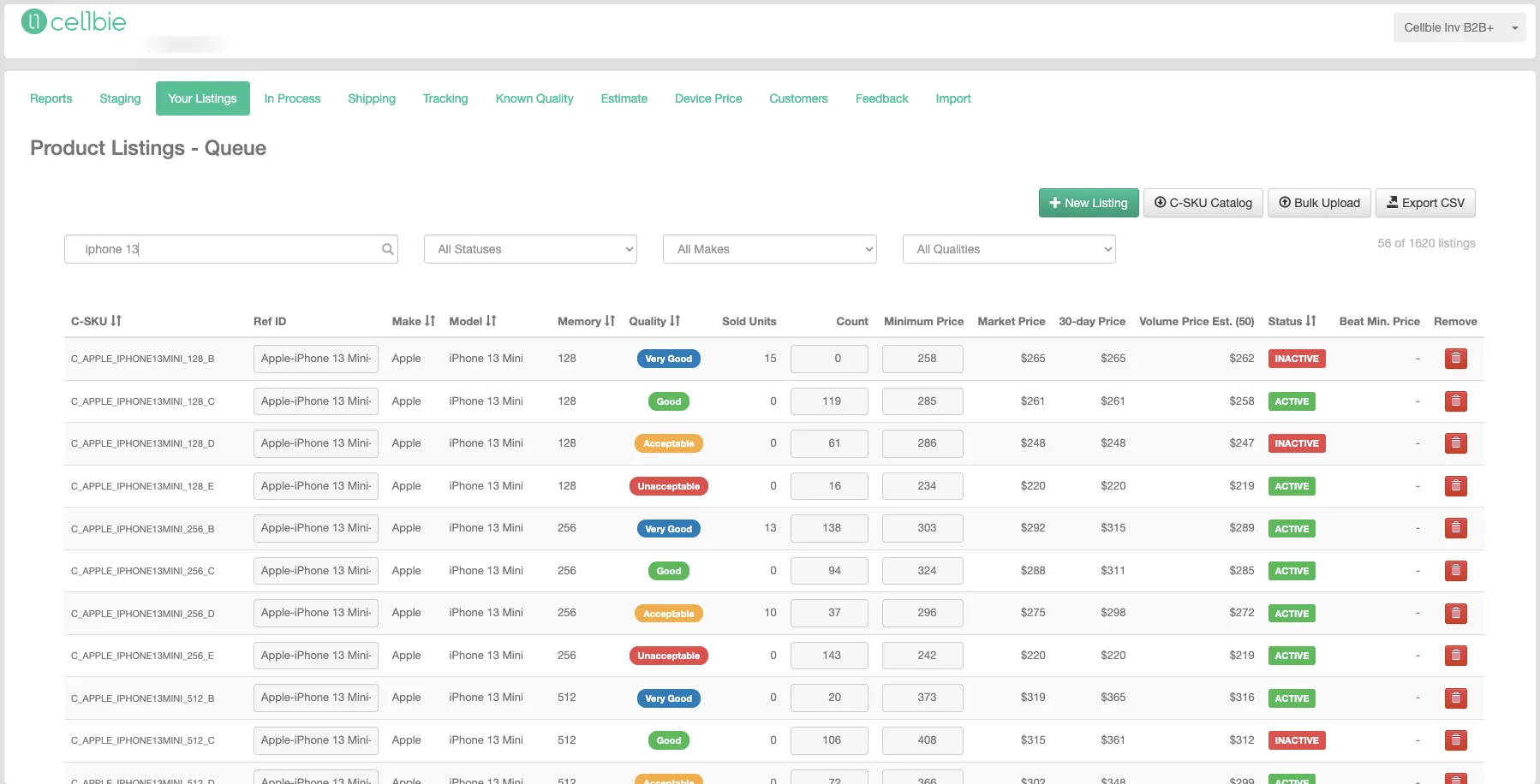 Product listing interface showing SKU inventory with market price, 30-day price, and status columns