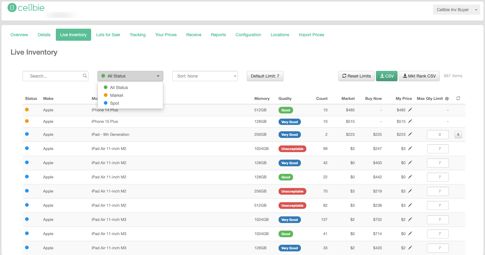 Status dropdown showing All Status / Market / Spot.