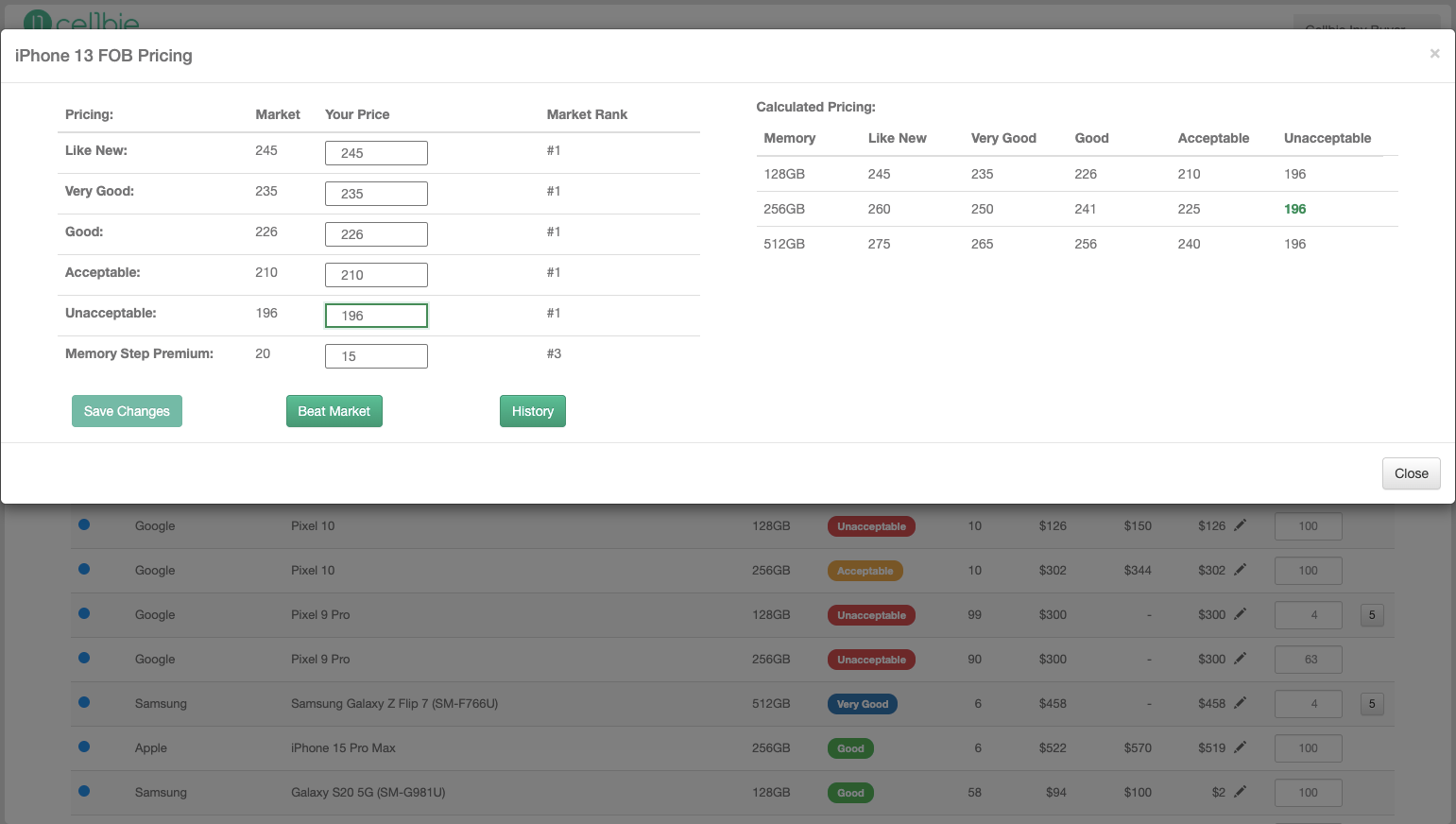 Price configuration — set bids per quality tier with live market reference and rank.