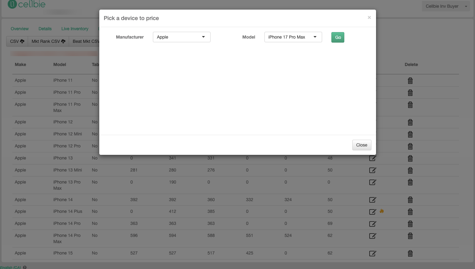 Add device modal with make/model/storage selectors and per-condition price fields with Market Rank.
