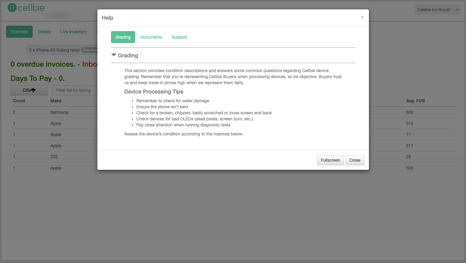 Help modal showing Grading tab with condition descriptions.