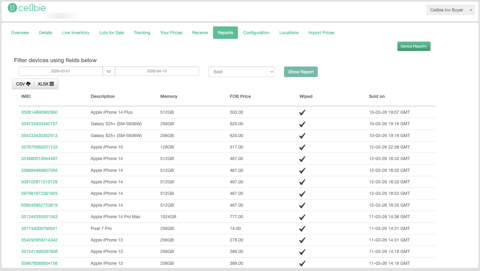 Reports tab showing date range filter, device status dropdown, and report table.