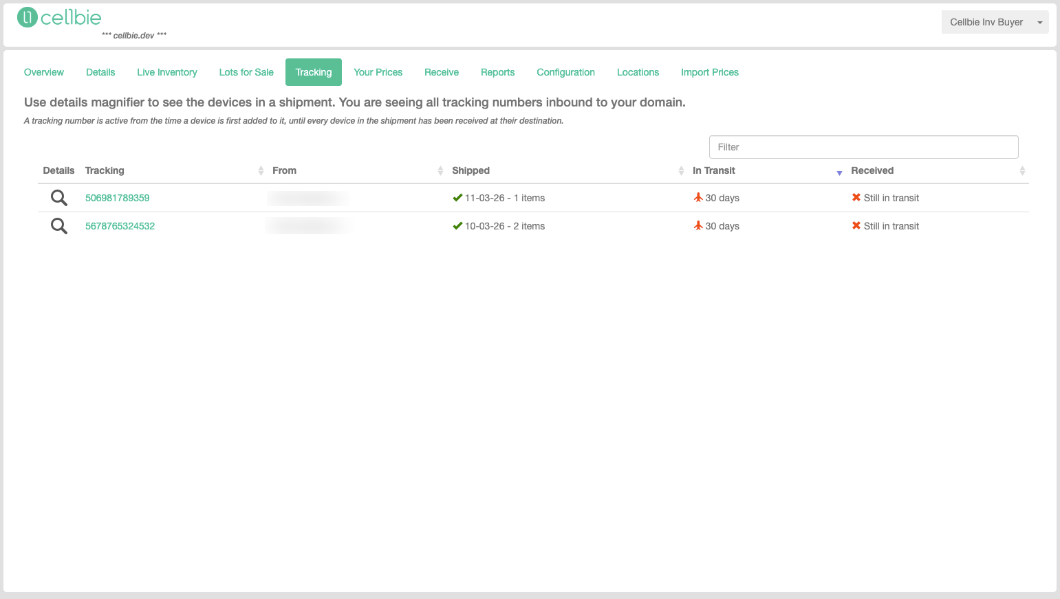 Tracking tab showing shipment list with tracking numbers, origin, shipped date, and receiving progress.