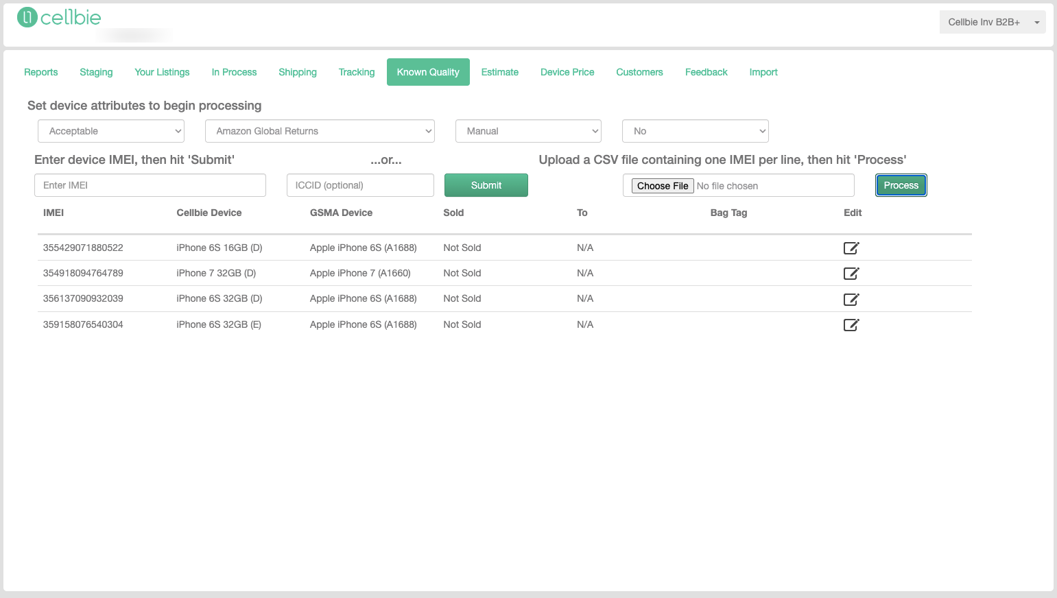 Known Quality tab with quality dropdown, customer selection, and IMEI entry field.