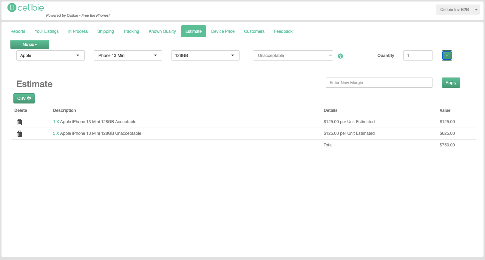 Quote tab in Manual mode showing manufacturer/model/condition selectors and quote line items with prices.