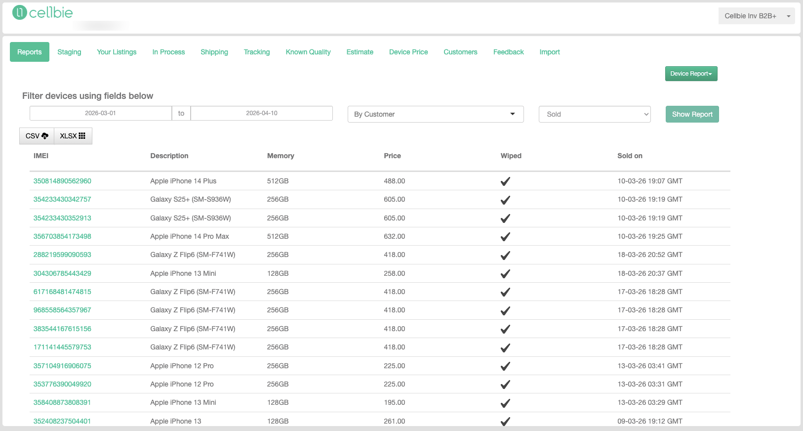 Reports tab with timeframe, customer, and status filters.