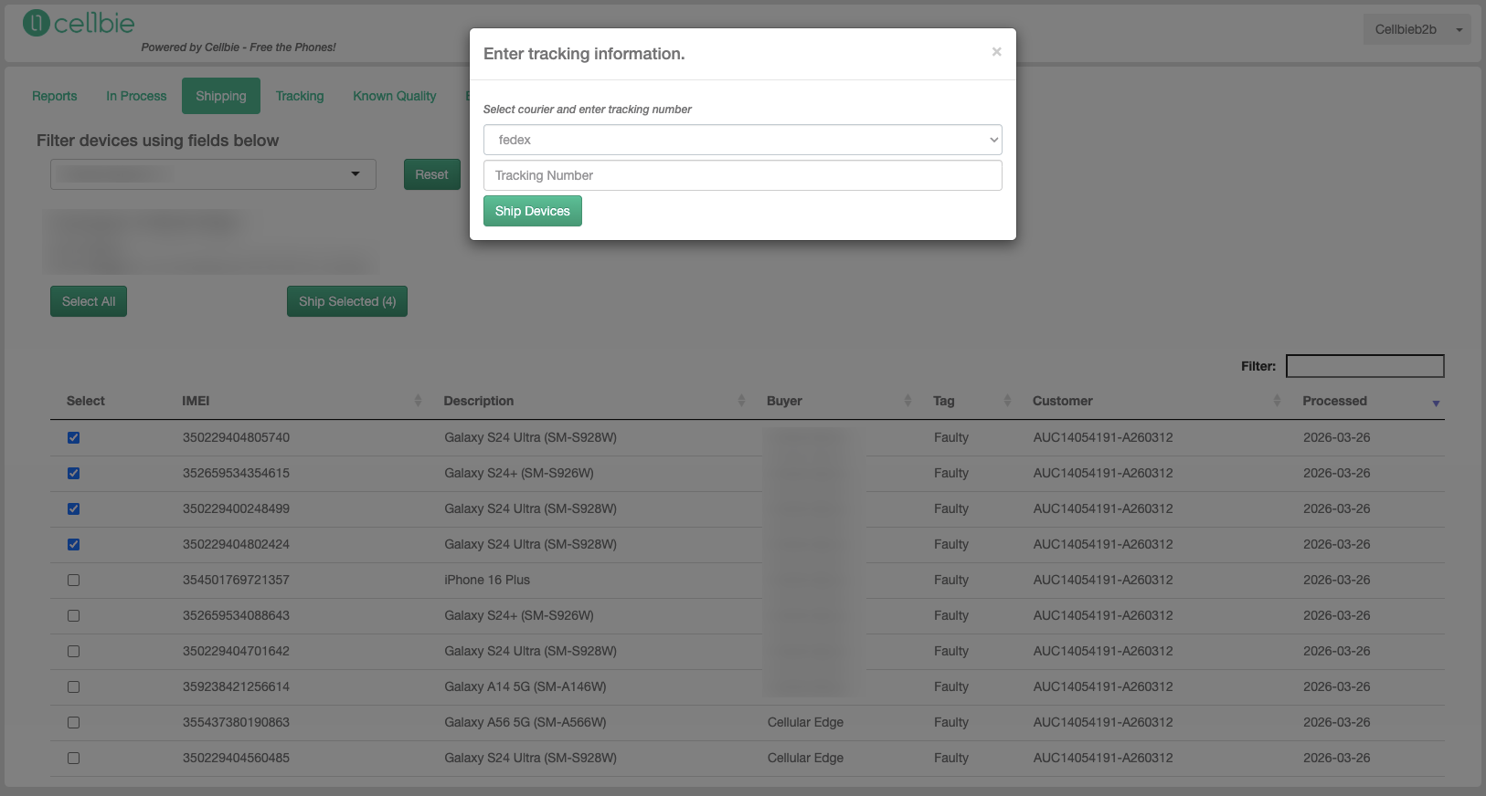 Ship Selected confirmation dialog with tracking number entry field.
