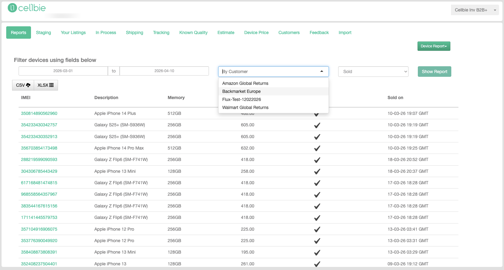 Tag Report showing batch selection and device list with prices.