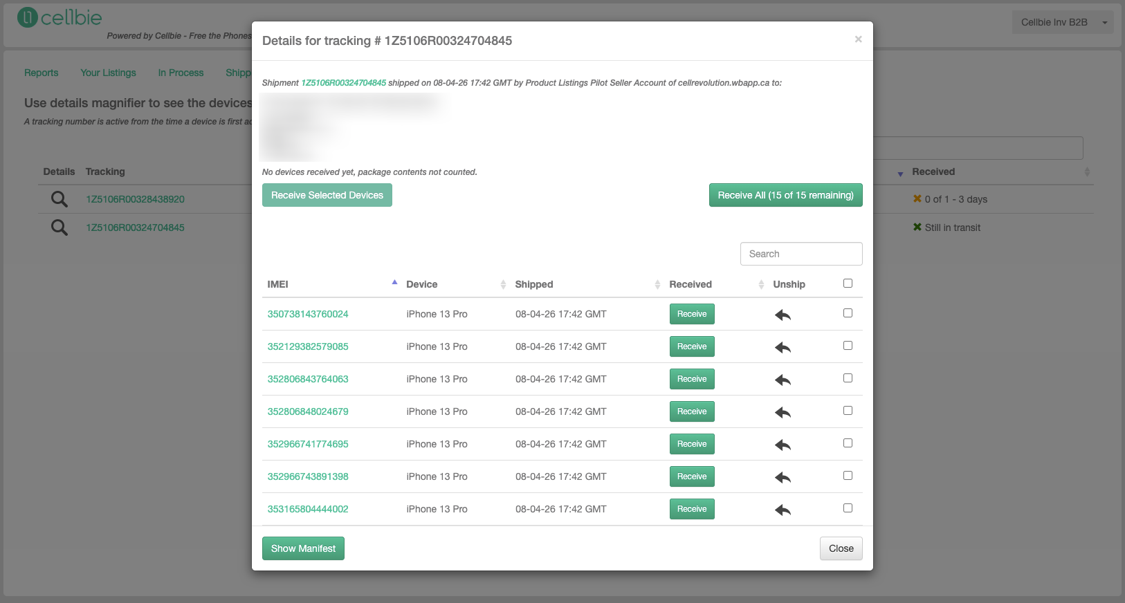 Shipment detail modal showing individual device IMEI, shipped date, and received date.