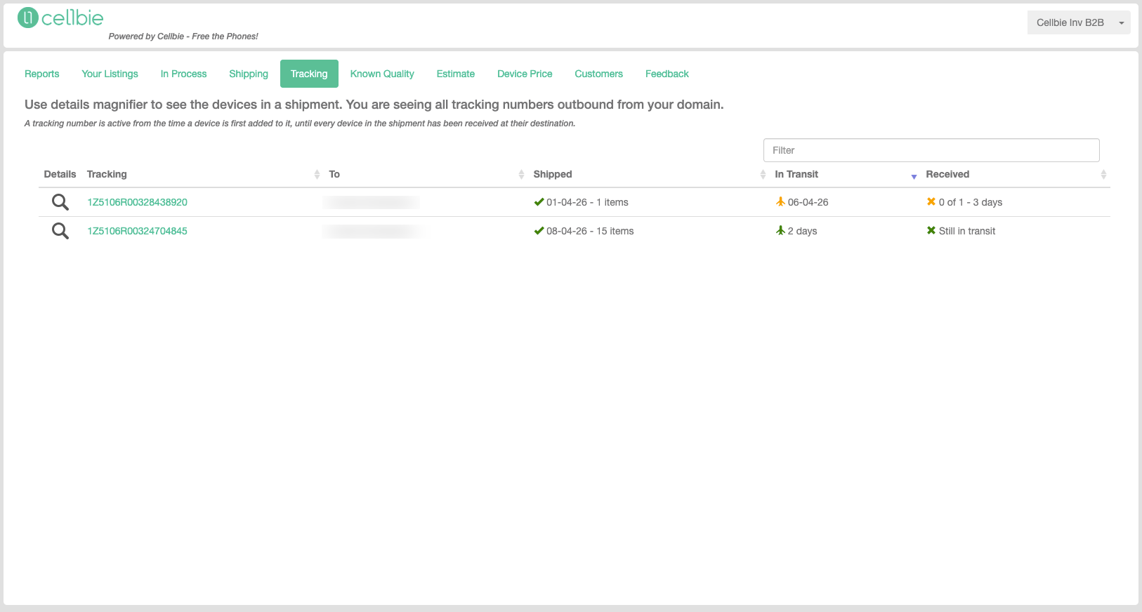 Tracking tab showing shipments with tracking numbers, destinations, shipped dates, and receiving status.