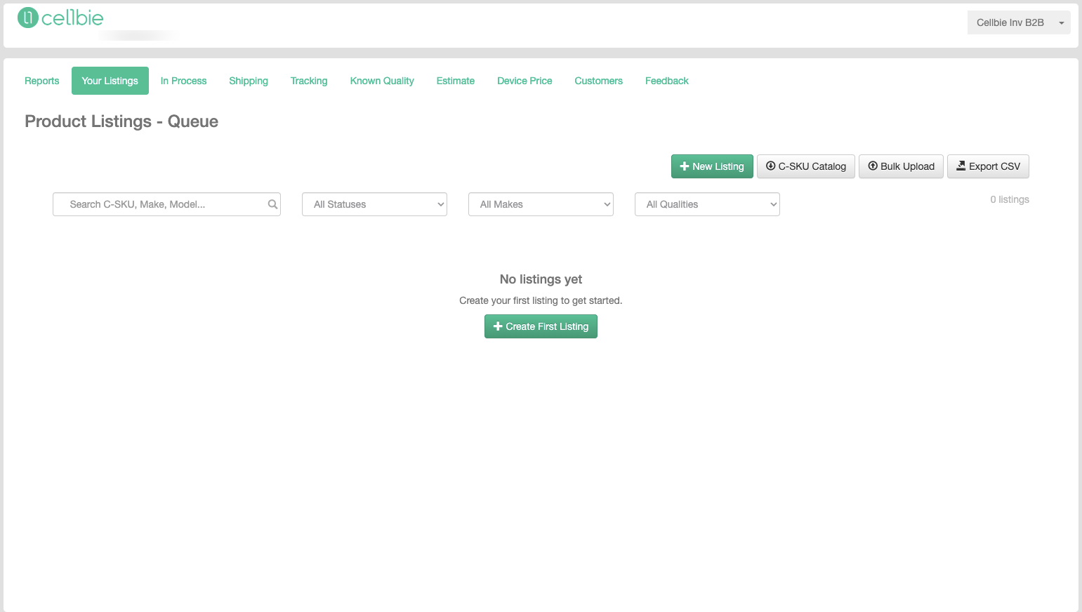 Empty Your Listings view with New Listing and Create First Listing buttons visible.