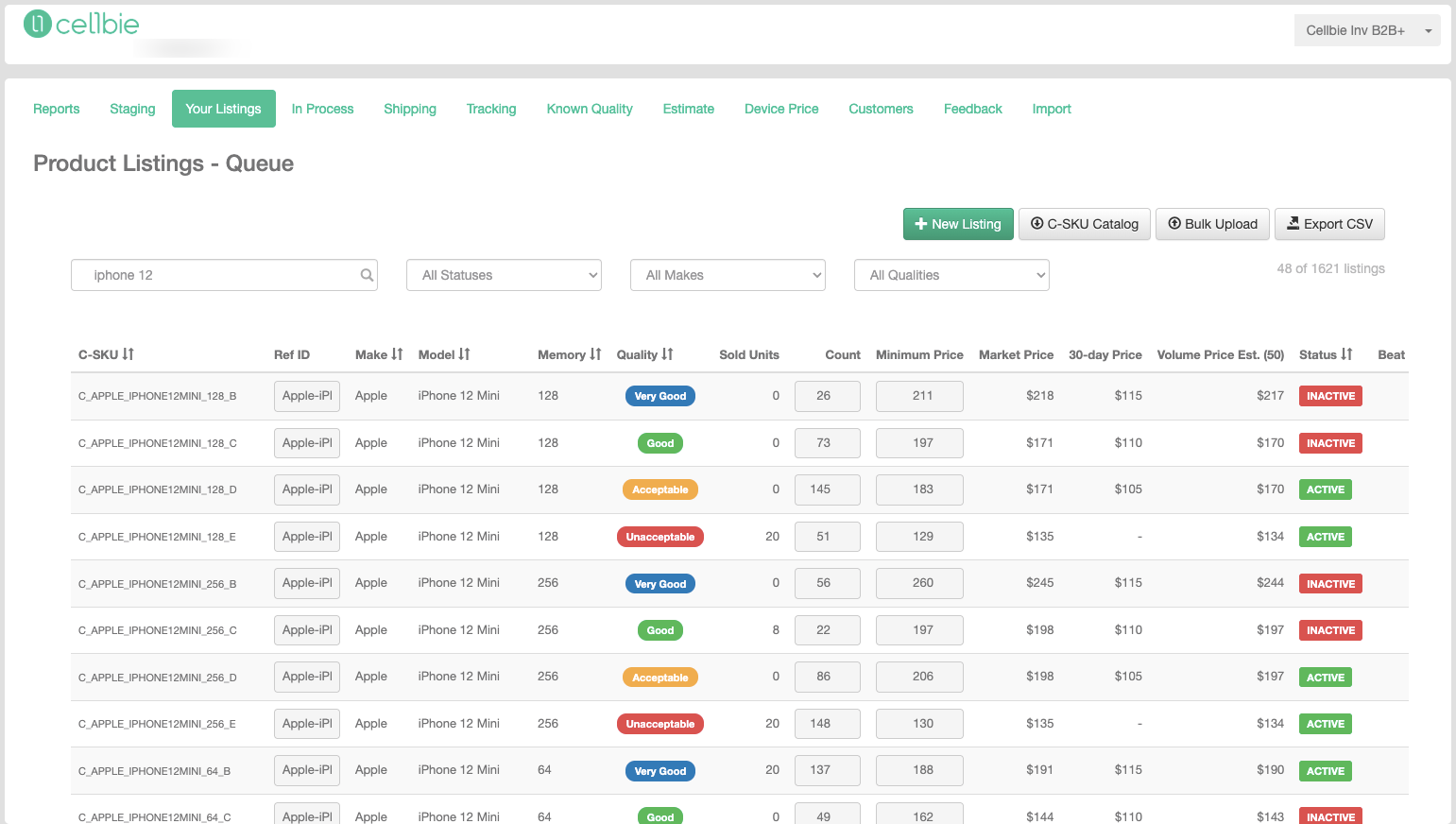 Inventory Listings table showing data columns including Market Price, 30-day Price, Status, Min. Price to Beat.