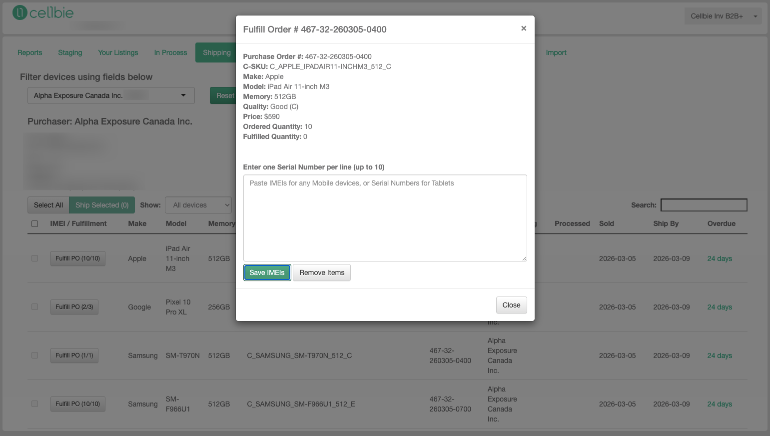 Shipping tab — select a buyer, review shipping details, fulfill by IMEI.